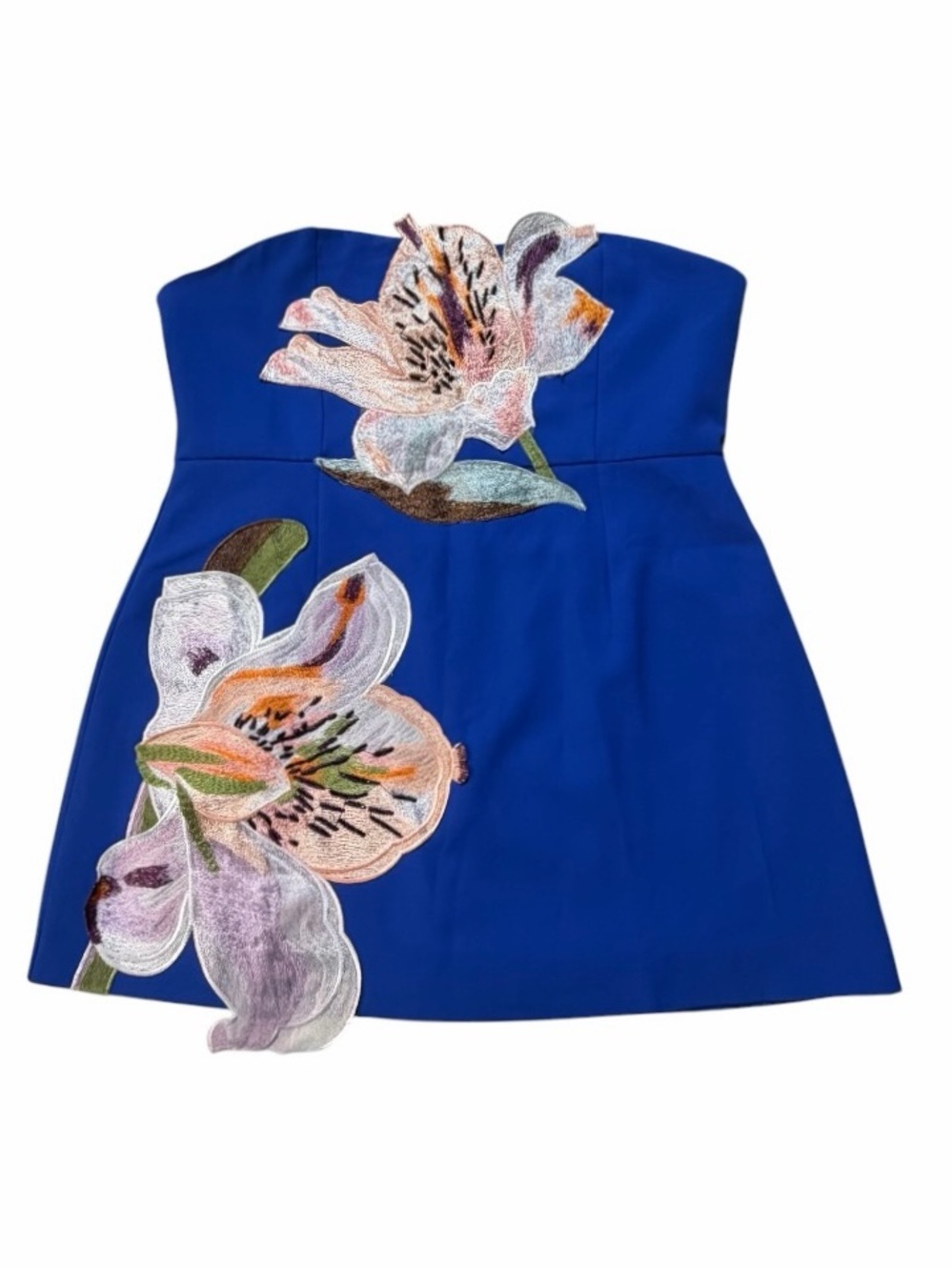 Dalia MacPhee Mini Dress XL Royal Blue Floral Applique Beaded Strapless Party